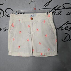 Old Navy White Bermuda Shorts with Neon Orange Anchor Embroidered Design, 0